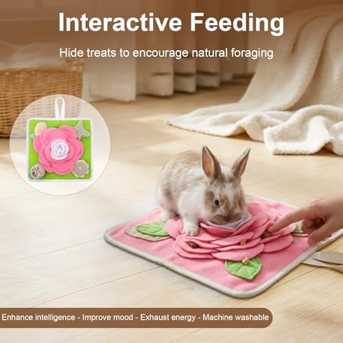 Rabbit Foraging Mat, Interactive Feed Game for Boredom, 13" × 13" Soft Pet Feeding Mat Toy for Rabbits, Guinea Pigs and Puppies, Includes Cleaning Brush & Stainless Steel Hook