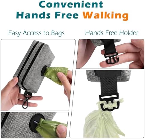 PetBonus Dog Poop Bag Holder, Portable Pet Waste Bag Dispenser, 2 Pouches for Treats and Walking Accessories, Fit All Leashes, Includes 1 Roll of Dog Poop Bags (Grey)