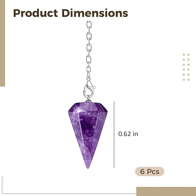 6 Pcs Crystal Pendulum Set, Natural Gemstone Hexagonal Cone Pendant, Includes Black Agate, Tiger Eye, Amethyst, White Crystal, Rose Quartz, Green Aventurine with Hollow Chain, Healing Divination Tools