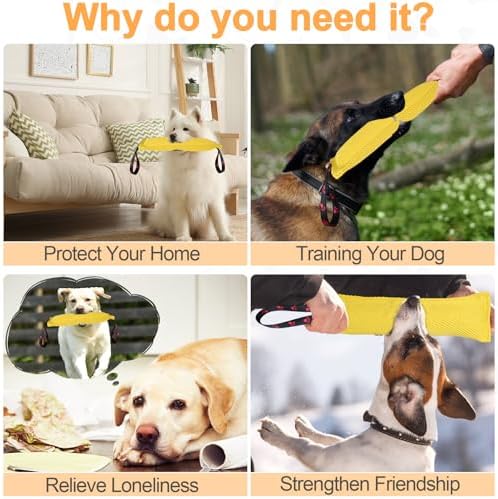 ToLanbbt Dog Tug Toy Bite Jute Pillow Pull Toy with 2 Strong Handles Perfect for Tug of War, Puppy Interactive Play, Tear Resistant Bite Training for Small Medium Large Dogs (Bright Yellow-Footprint)