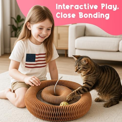 Kitty Curls Cat Toy (Large) Twisty Paws Kurlz | Magnetic Magic Organ Cat Scratcher | Interactive Cardboard with Bell Ball & Hanging Teaser | Honeycomb Design | 1 pcs Teaser 1 pcs Scratcher