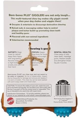 SPOT Bam-Bones Plus Gigglers T-Barbell Durable Dog Chew Toy with Sounds, Bamboo Fiber & Nylon with Rubber Ends, Peanut Butter Flavor, Non-Splintering, for Heavy Chewers & Dogs Under 60 Lbs, 6 Inch