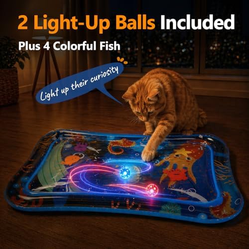 Cat Water Mat with Fish- Thickened Cat Sensory Water Play Mat Toy, Interactive Ocean Breeze Splashland with Floating Fish and 2 Balls for Cats & Kittens, Indoor Pet Water Bed Play Mat