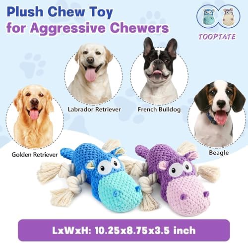 TOOPTATE 2-Pack Squeaky Hippo Dog Toys, Blue & Purple, Medium