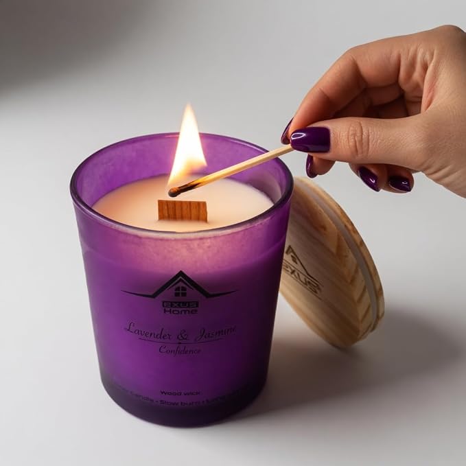 Exus Hand Crafted, Soy Wax, Wood Wick, Aromatic Candle. Non-Toxic (Lavender & Jasmin/Confidence)