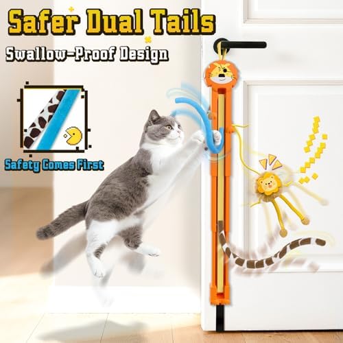Cat Toys for Indoor Cats, 2 in 1 Door Hanging Cat Toy Interactive Automatic Moving 2 String Tails for Multi-Cat Households, Plush Dangler for Kitten Toys Hide and Seek Motion Activated, 4 Sounds/Off
