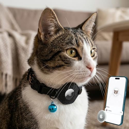 Breakaway Cat Collar with Leather AirTag Holder & Bell - Apple Air Tag Cat Collars for Girls & Boys, Lightweight Anti-Lost GPS Tracker Design, Printed Pattern - Safety and Adjustable (Leopard)