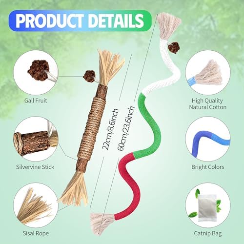 Silvervine Sticks Cat Chew Toys for Indoor Cats Dental Care Teeth Cleaning, Natural Kitten & Cat Teething Toys for Health, Catnip Toys Cat Chew Rope Suitable for All Breeds of Aggressive Chewers Cat