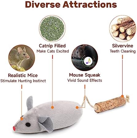 Potaroma Cat Toys: 3pcs Squeak Mice Interactive Catnip Silvervine Animals