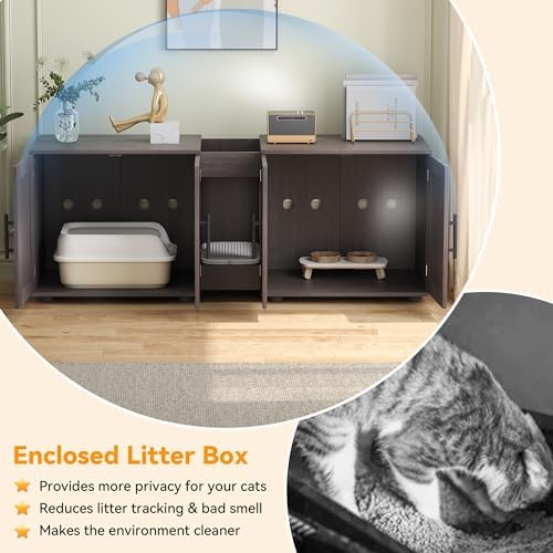 55" Cat Litter Box Enclosure Furniture, 3-in-1 Hidden Litter Cabinet with Barn Doors & Double Rooms for 2 Cats, Wooden Pet Furniture for Living Room & Bedroom, Brown