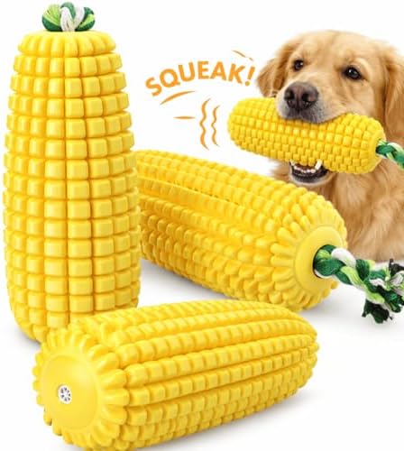 6.3 inch Corn Dog Toys for Aggressive Chewers, Durable Rubber Teething Toys for Puppies, Dog Toys to Keep Them Busy, Squeaky Dog Toy, Bite and Brush Dental Toy for Small Medium and Large Dogs