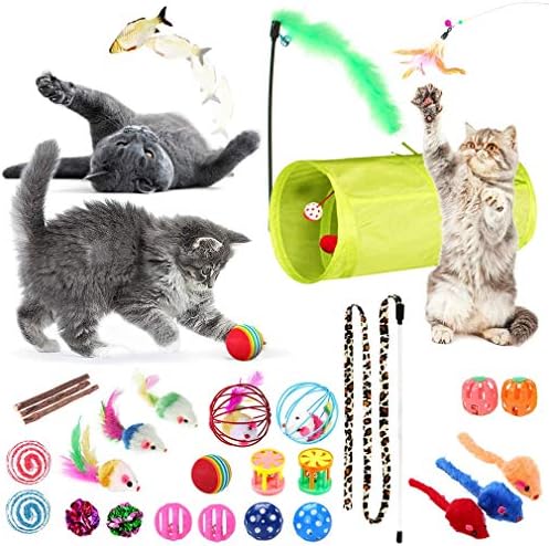 SunGrow Cat Tunnel and Assorted Activity Variety Pack, Interactive Kitten Accessories, for Indoors, Teaser Wand, Crinkle Balls, Bell Set, etc. (Assorted Toys, 30 Pieces)