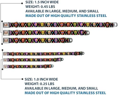 Dog Collar Seatbelt Buckle Colorful Calaveras Black Multi Color 9 to 15 Inches 1.0 Inch Wide