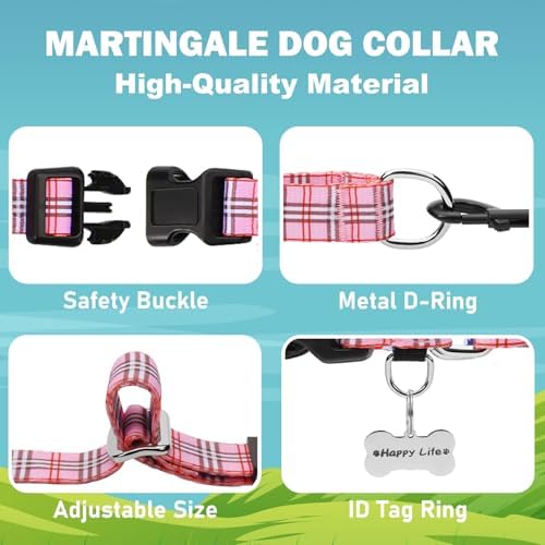 Martingale Collar with Quick Release Buckle Cute Girl Female Training Dog Collars (Pink Plaid, Large)