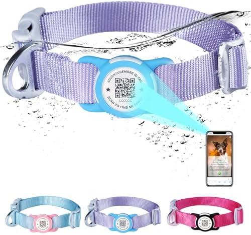 ADVENTUREMORE Airtag Dog Collar with Smart ID QR Code Airtags Holder: Prevents Dogs from Getting Lost at Night, Displays Owner and Pet Details. Waterproof, Durable, Adjustable, Thick-Purple-L