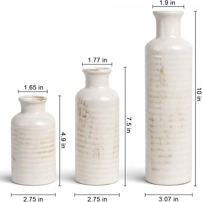 White Ribbed Ceramic Vase Set of 3, Clay Bottle Vases for Home Decor | Crackle glaze finish for rustic farmhouse tables, shelves, mantels and centerpieces