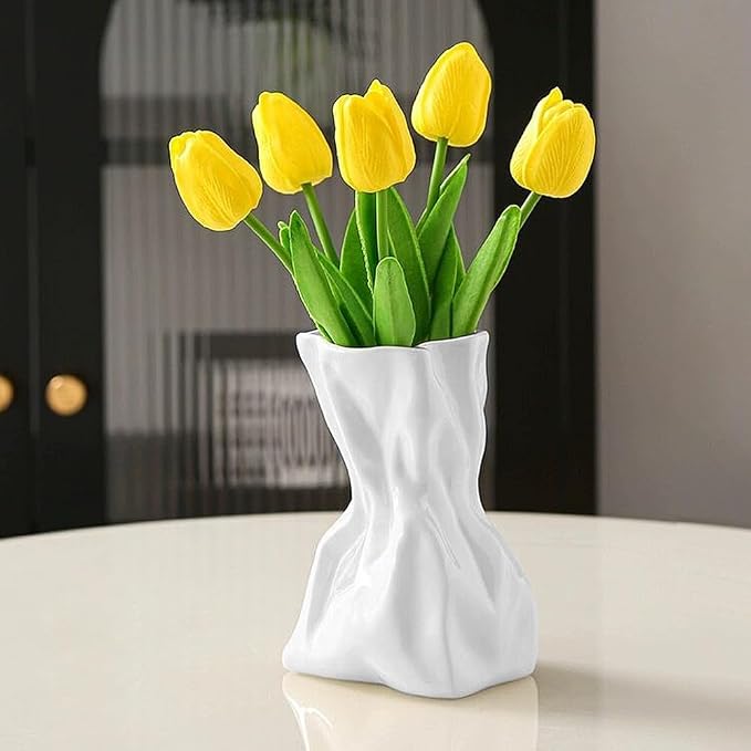 Paper Bag Vase for Flower, Unique Crinkle Design White Ceramic Vase, Flower Vase for Aesthetic Home Decor, Wedding Dinner Table Party Christmas Decorative