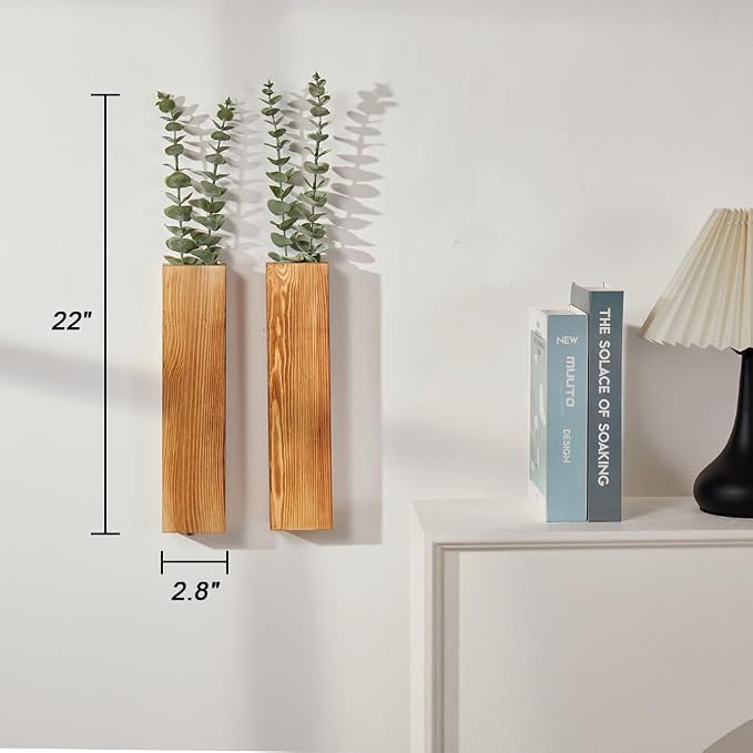 2 Pack Wood Wall Planters with 4 Faux Eucalyptus Stems for Wall Decor