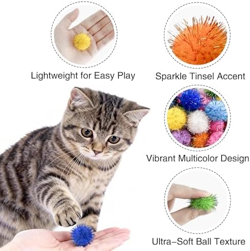 80 Pcs Sparkle Pom Pom Balls 1.5 Inch Cat Toy Chase Ball Interactive Glitter Tinsel Ball for Kitten Cat Favorite Gift Assorted Color