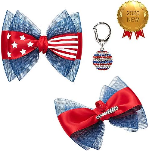 Blueberry Pet American Flag Accessory Set of Bow Collar Slide Hair Clip and Pedant for Dogs & Cats, USA Flag Bowtie and Disco Ball Tag