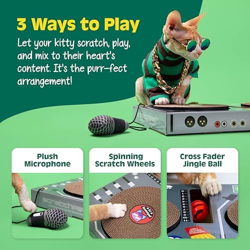 DJ Scratchpad by Relatable, Enrichment Cat Toys And Kitten Toys For Your Furry Friends, Cat Tree Essentials, Includes Box With 2 Scratch Wheels, 1 Plastic Ball With Bell, And Attached Microphone Plush