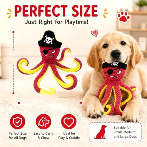 MAXBECK Interactive Octopus Dog Toy, Plush Dog Toy with Crinkle Paper & Squeaker, Tug of War Dog Toy for Small Medium Large Dogs, Soft Dog Chew Toy for Indoor Play, Puppy Training (I-Octopus-Red)
