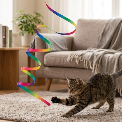 5 PCS Cat Rainbow Ribbon Toy, Detachable Cats Toy Wand Replacement Extended Cat Toys Attachments with Bell for Cats Kittens Small Pets Indoor Outdoor Exercise Play