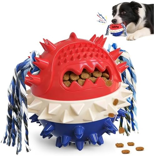 Dog Chew Toys Floating 4" Squeaky Ball for Aggressive Chewers Toothbrush Teething Cleaning Toys Outdoor Swimming Interactive Tough Toys with Treat Dispenser Ball for Medium and Large Dogs