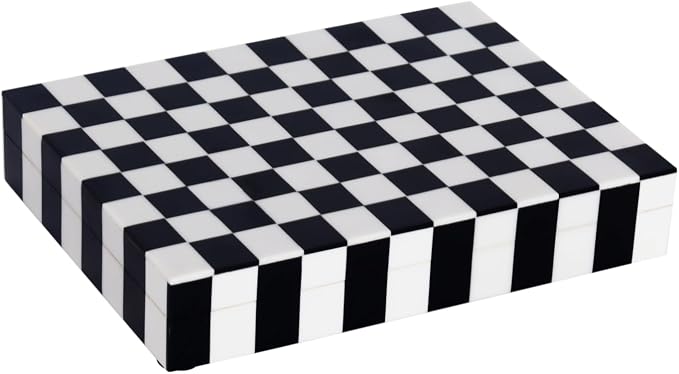 Handicrafts Home Decorative Storage Box with Lid, Black and White Decorative Box for Remote Controls, Slim Coffee Table Storage Box for Shelf, Desk & Living Room Decor, Puzzle Check 8 x 6 x 1.5 Inch