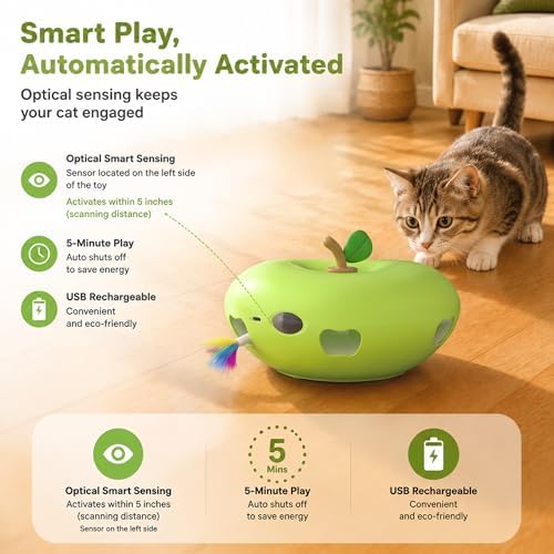 Cat Toys Rechargeable Interactive itten toys , Smart Sensor Automatic Feather Toy with 7 Random Holes, Quiet USB Powered Pop-Up Kitten Toy Simulates Hunting for Indoor Cats, green