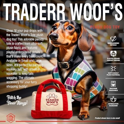 Traderr Woof's Squeaky Designer Dog Toy for Medium to Large Dogs – Soft Stuffed Plush with Squeaker, Embroidered Parody Dog Mom Gift for Dog Owners & Dog Lovers, 8"x6"