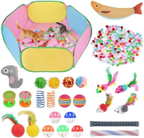 Foxtell Cat Ball Pit Include 226 PCS Interactive Cat Toys for Indoor Bored Self Play Enrichment Toy for Indoor Cats Interactive Fun and Exercise