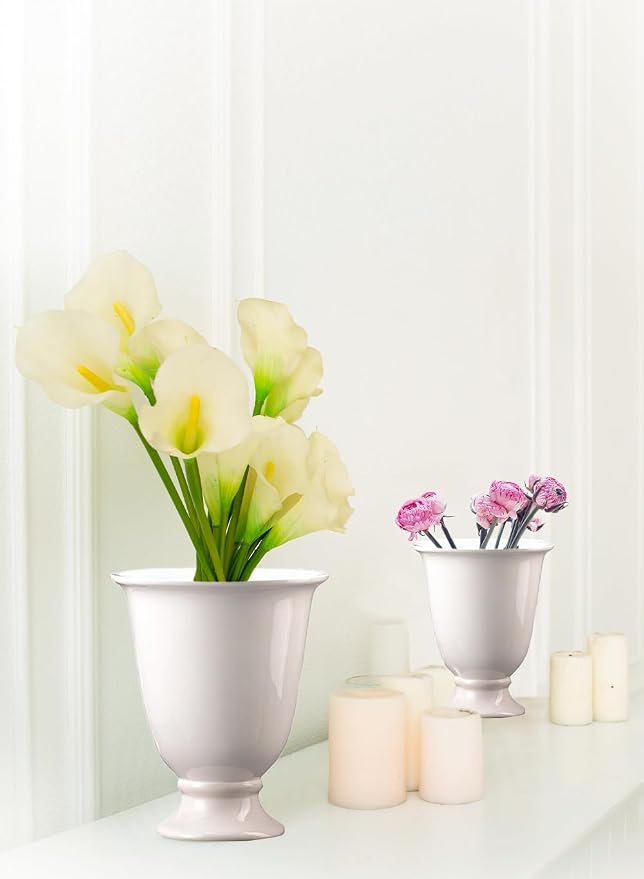Serene Spaces Living White Porcelain Urn Vase: Pedestal Floral Pot for Natural & Faux Flowers. Perfect Entryway, Home Decor, Tabletop Decoration, Wedding, Small