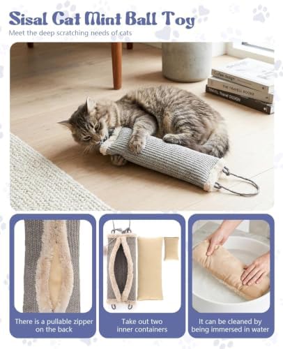 16.5" Sisal Catnip Kicker Toy for Indoor Cats,Heavy Duty Cat Scratching Pillow with 24" Bonus Rope,Washable & Refillable Catnip Toy for Aggressive Kickers,Chewing & Teething, Sisal Mat Texture (Grey)