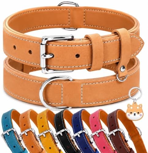 Genuine Leather Dog Collar, Soft Padded Leather Dog Collars with Airtag Holder Case for Small Medium Large X-Large Dogs,Comfort Heavy Duty Pet Collar with Durable Metal Buckle & D-Ring-Khaki/XS