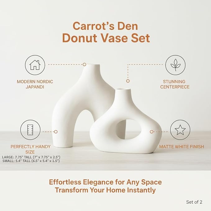 Carrot's Den Ceramic Modern Vase Set of 2, Donut Shelf Decor, Warm White | Matte pair for bookshelf and bookcase decor, mantel styling, or home staging. Holds dried stems and faux plants indoor.