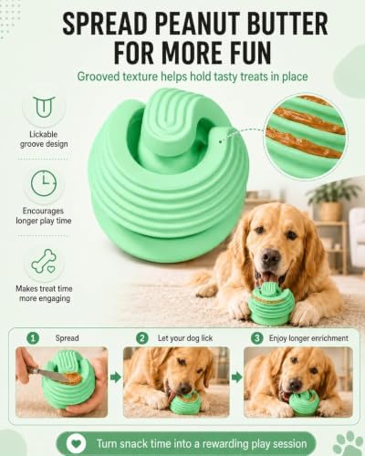 Dog Ball for Aggressive Chewers, Natural Rubber Durable Treat Dispensing Dog Toy Ball with Peanut Butter Grooves, Interactive Dog Food Ball for Medium Large Dogs,Green