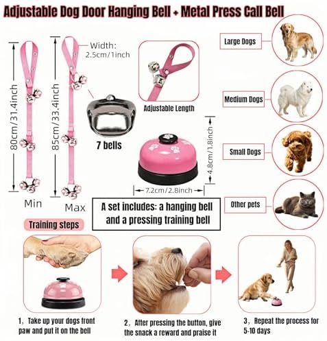 Dog Door Bell for Potty Training, 2-in-1 Set with Adjustable Hanging Bell(Includes 7 Stainless Steel Bells) and Metal Press Call Bell,Pink