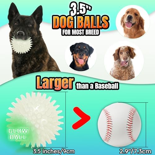 LECHONG 6-Pack Glow in The Dark Squeaky Dog Balls, 3.5” Spiky Dog Toy Balls, Durable Glowing Rubber Fetching Ball for Medium & Large Dogs Nighttime Playing Indoors & Outdoors