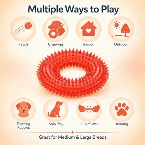 Squeaky Spiky Dog Ring Toy for Teeth Cleaning & Gum Massage 4.9 Inch Medium Large Dogs Red | Spiny TPR Rubber Chew Toy for Fetch Play Interactive Bouncy Dental Ring Durable BPA Free Nontoxic Floats
