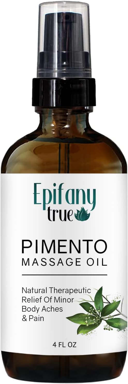 Natural Pimento Massage Oil 4oz | Moisturizing Soothing Muscle & Joint Relief | Refreshing Mint Scent | Pimento Oil (Allspice), Jamaican Black Castor Oil, Peppermint, Lemongrass