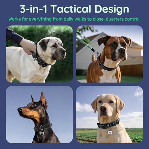 Premium Tactical Dog Collar - Adjustable Military Heavy Duty Dog Collar for Medium Large Dogs - Durable Metal Buckle Dog Collar with Leather Control Handle and Soft Comfortable Padding