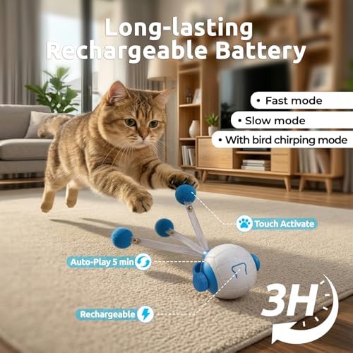 Cat Toys for Indoor Cats, Interactive Cat Toy Ball with Pom-Pom Tails, Automatic Cat Toy Self Play Exercise Toy to Relieve Boredom for Kitten & Adult Cats (Blue)