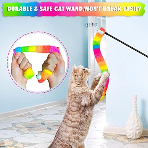 Cat Wand Toys with Bright Furry Critter Tails and Bells, 3-Pack