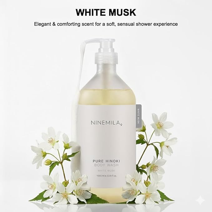NINEMILA Pure Hinoki Body Wash, White Musk, 1000ml(33.8 fl oz) Family Size – Gentle Daily Body Cleanser for a Calm, Spa-Like Shower Experience