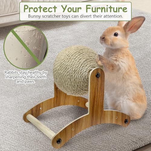 Fhiny Rabbit Scratch Toy, Natural Sisal Rabbit Scratching Ball Sisal Rope Bunny Claw Scratcher Rotating Ball Interactive Toys Nail Scratching Post for Indoor Pets Kittens Ferrets Small Animals