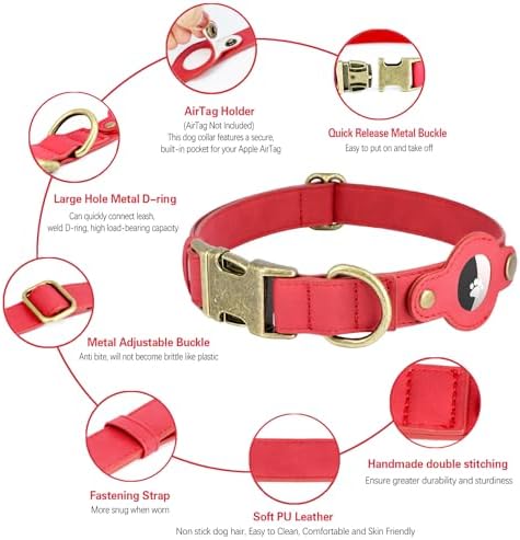 Airtag Dog Collar, PU Leather Collar with Airtag Holder for Small Dogs(Red)