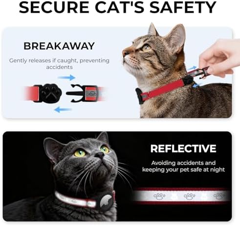 Breakaway AirTag Cat Collar, Reflective Cat Tracker Collar with Bell | Built in AirTag Holder, Adjustable 8.5-12in for Cats, Kittens and Puppies, Safety Elastic Band, Reflective for Night Walking