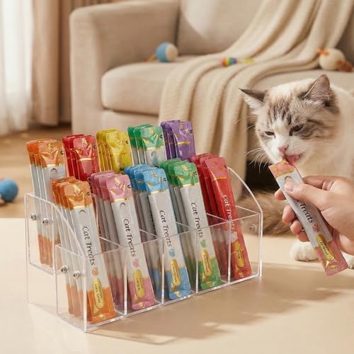 Cat Treat Holder Organizer, 2 Tier 10 Compartment Clear Acrylic Storage Rack for Lickable Wet Treats, Countertop Display Stand for Pet Tubes and Squeeze Up Pouches