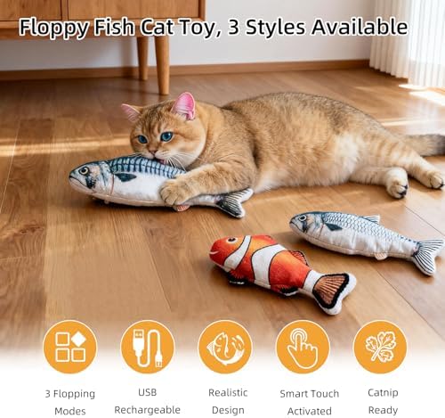 3 Pack Flopping Fish Cat Toy, Interactive Plush Cat Kicker Toy with Catnip Pocket, USB Rechargeable Wiggle Fish Set(Carp+Clownfish+Mackerel) for Indoor Kitten & Small Dogs, 3 Assorted Sizes